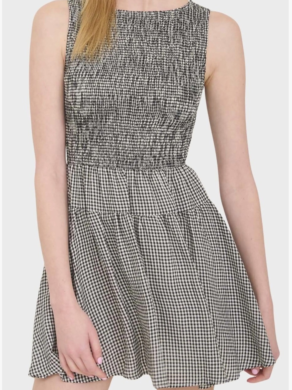 STITCH + FEATHER - gingham smocked mini dress